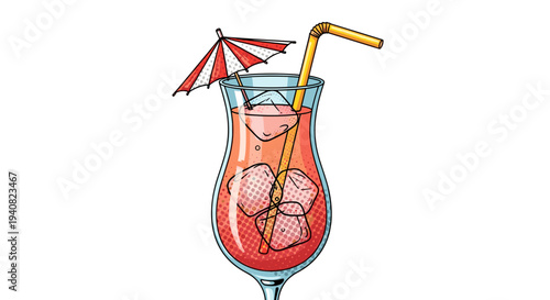 Refreshing tropical cocktail with ice umbrella and straw on white