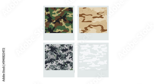 Four polaroid frames showing different camouflage patterns on white