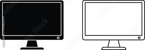 Set of 2 Flat Screen Monitor Icons Vector in Black Solid and Outline Styles for Technology, Office, and Digital Display Concepts
