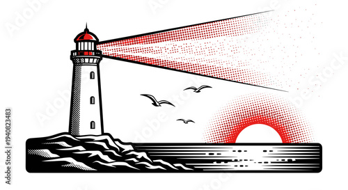 Lighthouse guides ships at sea with red beam during sunrise over ocean