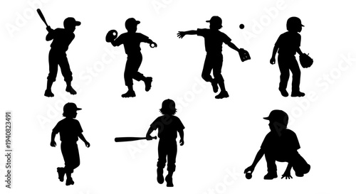 Children Baseball Silhouette Set: Batting, Pitching, Catching, Running