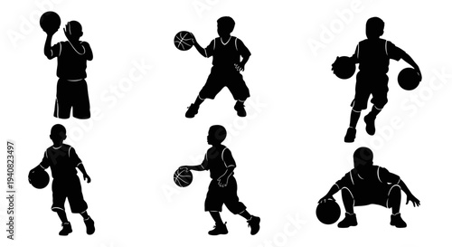 Children Basketball Silhouettes: Six Poses of Young Players Dribbling and Shooting