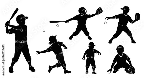 Children Baseball Silhouettes: Action Poses of Young Players in Game