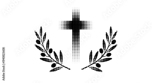 Christian cross with olive branches halftone graphic symbol faith
