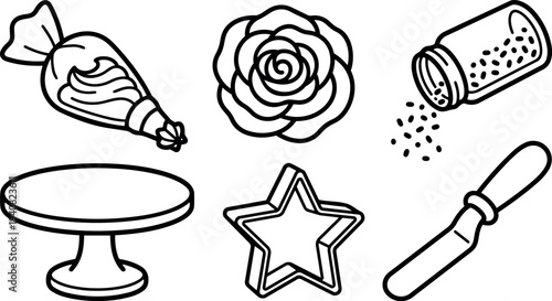 Line art baking set close up piping bag rose cake stand star cutter spatula cookie decorating tools in flat vector outline