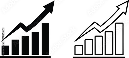 Set of 2 black and white bar chart icons with upward trending arrows, symbolizing business growth, financial success, and increasing statistics in vector format
