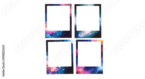 Four empty instant photo frames with colorful galaxy nebula borders