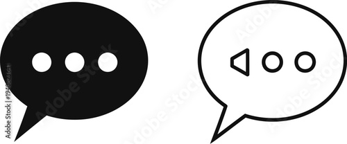 Set of 2 Message Chat Bubble Icons Vector: One Solid Black and One Outline with Ellipsis and Triangle for Communication and Texting