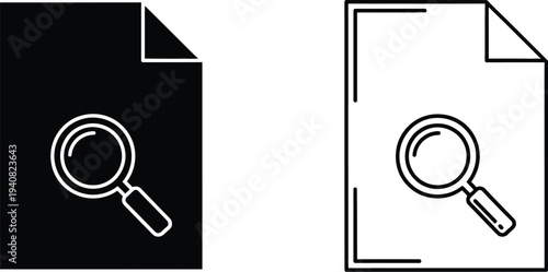 Set of 2 Document Search Icons Vector: Black Solid Glyph and Outline Magnifying Glass on File Symbol for Digital Interface, UI/UX, and Web Design