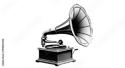 Vintage gramophone with horn on white background retro music player