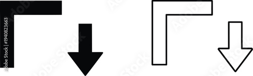 Set of 4 black and white L-shaped corner and down arrow icons vector, ideal for user interface design, web navigation, and infographic elements