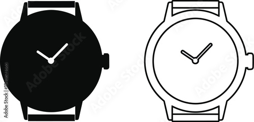 Set of 2 Minimalist Wristwatch Icons Vector: Solid Black Silhouette and Outline Style for Time, Fashion, and Schedule Designs