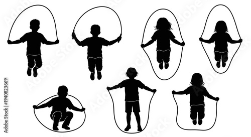 Children Jumping Rope Silhouettes: Active Kids Playing Outdoor Fun and Exercise