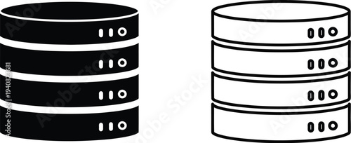 Set of 2 Database Server Rack Icons Vector in Solid Black and Outline Styles for Data Storage and Network Technology
