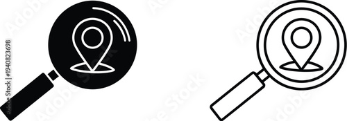 Location Search Magnifying Glass Icon Set Vector - Find Place Pin Symbol for Map Navigation, GPS Tracking, and Local Business Discovery