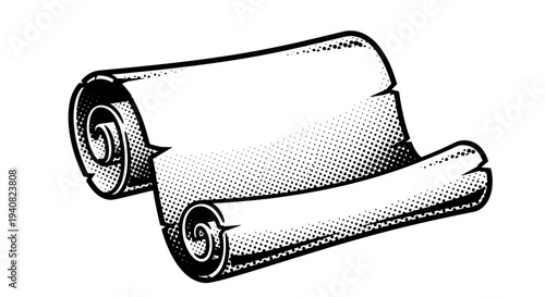 Rolled parchment scroll with textured shading isolated on white