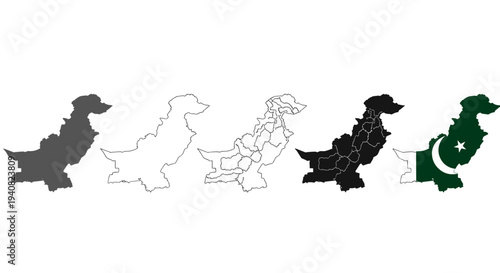 Pakistan map outline silhouette collection with flag detail