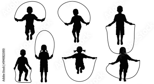 Children Jumping Rope Silhouettes: Active Kids Playing Outdoors