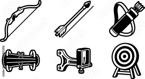 Line art close up archery equipment icons showing bow arrow quiver armguard sight and target flat vector row layout collection