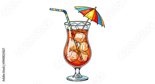 Refreshing iced cocktail with straw and colorful umbrella tropical