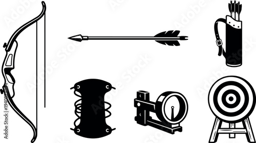 Line art vector set showing recurve bow and arrow, quiver, arm guard, sight, target on white background isolated icons flat
