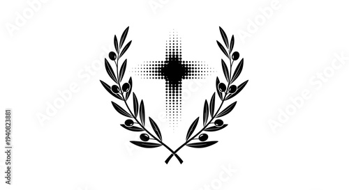 Christian cross symbol with olive branches wreath religious