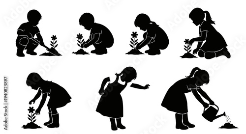 Children Planting and Watering Flowers Silhouettes: A Sequence of Growth and Nurturing