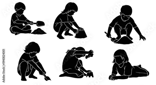 Children Playing in Sand: Six Silhouettes of Kids with Shovels and Buckets