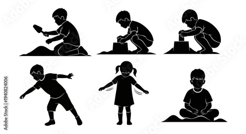 Children playing in sand and outdoor activities, silhouette set
