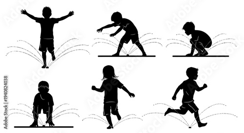 Children playing in water sprinklers, summer fun, outdoor activities, silhouette set