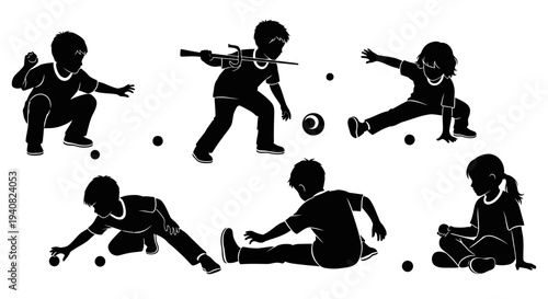 Children Playing Marbles Silhouette: Diverse Poses of Kids Engaged in Game