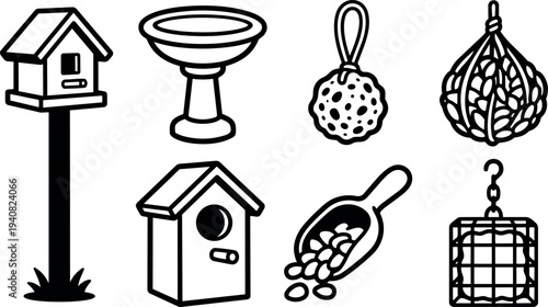 Line art vector icon set of bird feeders showing pole mounted box, hanging suet, seed scoop, close up flat minimal black white