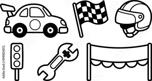 Line art vector racing icon set showing side view race car, checkered flag, helmet, traffic light, wrench and finish banner