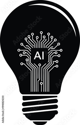 Black lightbulb silhouette with internal AI circuit board and microprocessor chip representing creative artificial intelligence and smart technology ideas.