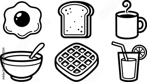 Minimalist line art breakfast icon set showing fried egg, sliced toast, steaming coffee mug, cereal bowl, waffle and juice glass