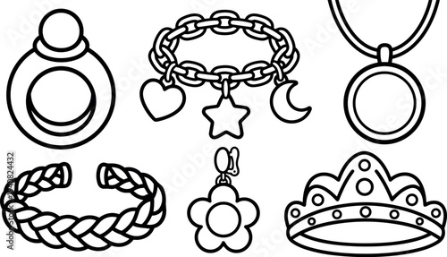 Line art vector jewelry icon set showing six outline charms and accessories close up on white background bold black strokes
