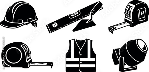 Flat design construction safety icon set showing hard hat reflective vest tape measure level trowel cement mixer isolated silhouettes