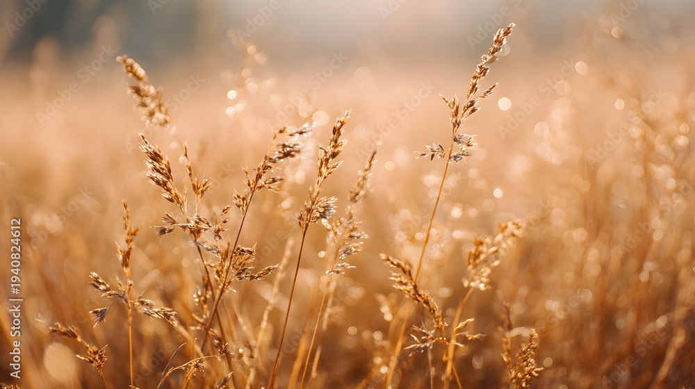 Fototapeta premium Golden Field of Dry Grass with Morning Dew Drops.