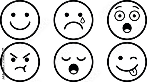 Line art emoticon icon set with six expressive faces showing happy, sad, surprised, angry, sleepy and playful bold winking expressions