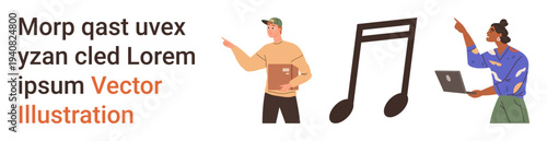 Communication, technology, digital learning, teamwork, music, collaboration. Two people interacting with gestures and laptop. Communication and technology concept with musical and creative elements