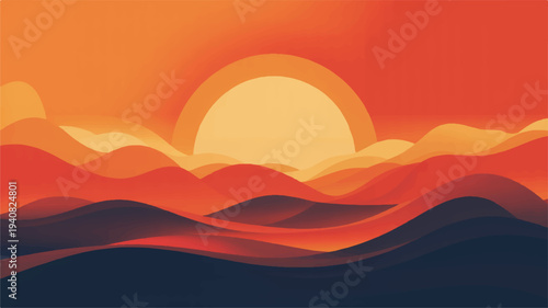 Vibrant gradient illustration of a sun setting over abstract rolling hills, blending warm orange and yellow into deep navy twilight. Modern minimalist landscape art