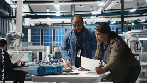 Fotografie Team of african american consultants reviewing data and checklists in modern solar power facility, ensuring manufacturing process meets sustainable energy and innovation standards