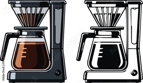 Pour Over Coffee Dripper and Carafe Vector, Manual pour-over coffee brewer with a glass carafe and dripper, shown in color and black-and-white outlines