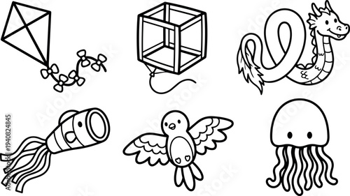 Whimsical kids doodle line art showing six kite designs including dragon kite, cube kite, jellyfish kite, bird kite, squid kite, streamers