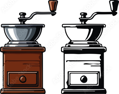 Vintage Manual Coffee Bean Grinder Illustration, Antique style hand-crank coffee grinder with wooden base and metal bowl in color and line art versions
