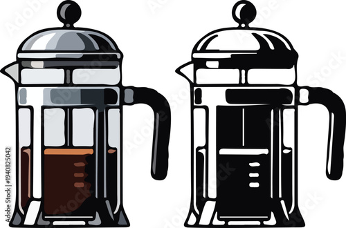 French Press Coffee Maker Vector Illustration, Classic manual plunger coffee press made of glass and stainless steel, in both colored and black-and-white outline styles