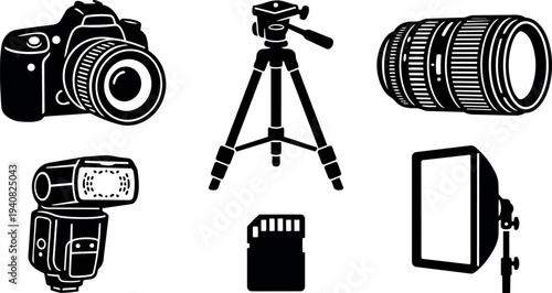 Flat design camera gear icons set showing dslr with lens tripod flash softbox and sd card in black silhouette close up