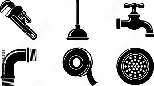 Flat design plumbing icon set with wrench plunger tap elbow pipe tape and drain in black silhouette clean landscape view