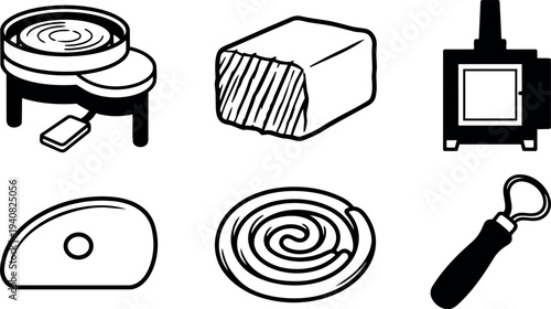 Line art flat vector set of six cheese making icons showing vat curd block press rind rolled cheese and opener