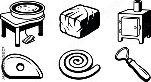 Line art set of pottery tools and clay elements showing potters wheel, clay block, kiln, coil and shaping tools close up